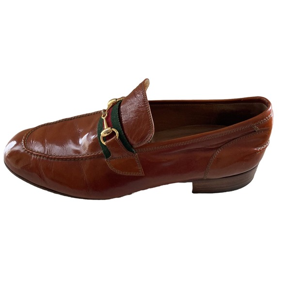 Gucci Vintage 1970s Mens Heeled Loafers Cognac Brown 45.5 Italy 11.5 US Horsebit